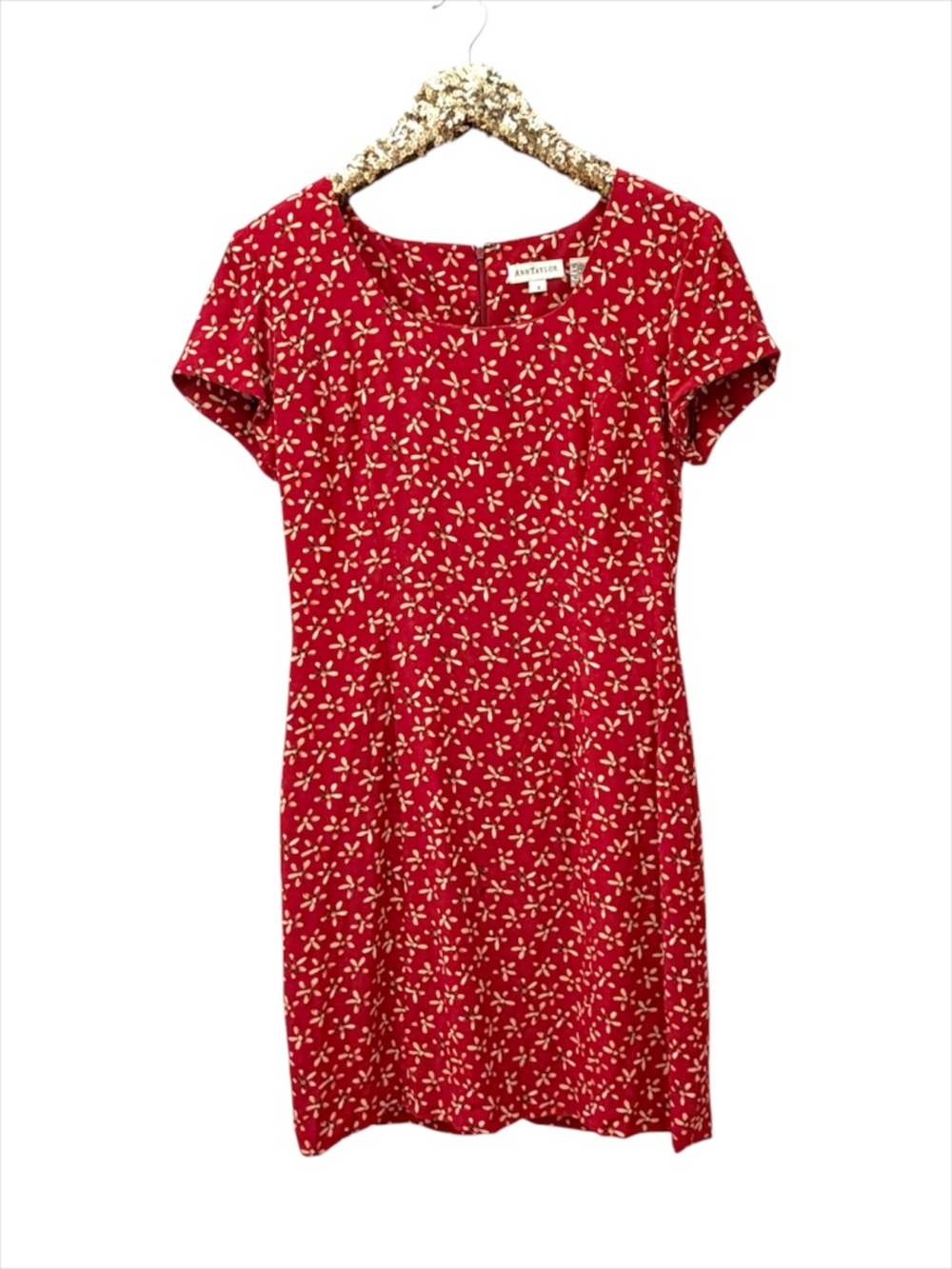 Ann Taylor Cherry Red Floral Sheath Dress Short Sleeve Size 8